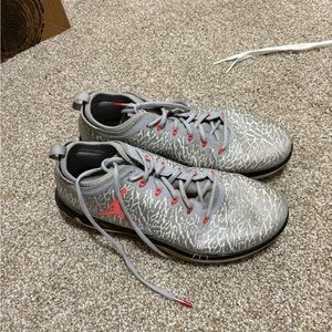 Gray and Red Athletic Shoes